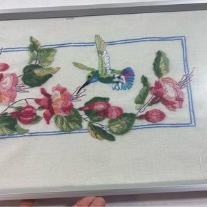 Wall Art Embroidered Hummingbird Roses Canvas 10x20 wall art